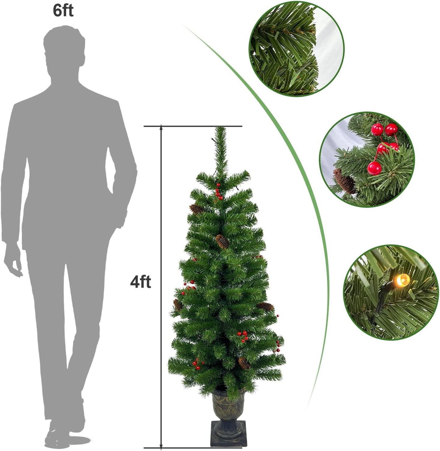 4FT Artificial Potted Christmas Tree with Lights, Pre-lit Mini Christmas Tree with 50 LED Lights, Small Fake Christmas Tree with 140 Branch Tips, Pine Cones&Red Berries, Battery Operated