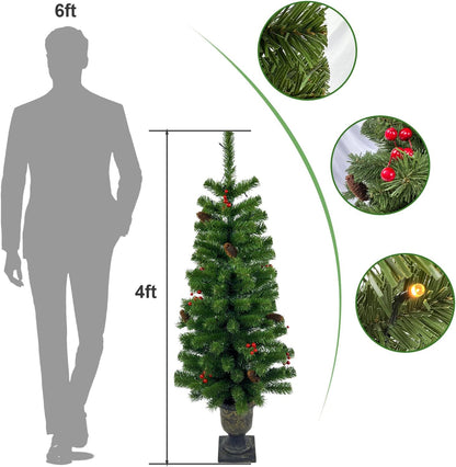 4FT Artificial Potted Christmas Tree with Lights, Pre-lit Mini Christmas Tree with 50 LED Lights, Small Fake Christmas Tree with 140 Branch Tips, Pine Cones&Red Berries, Battery Operated