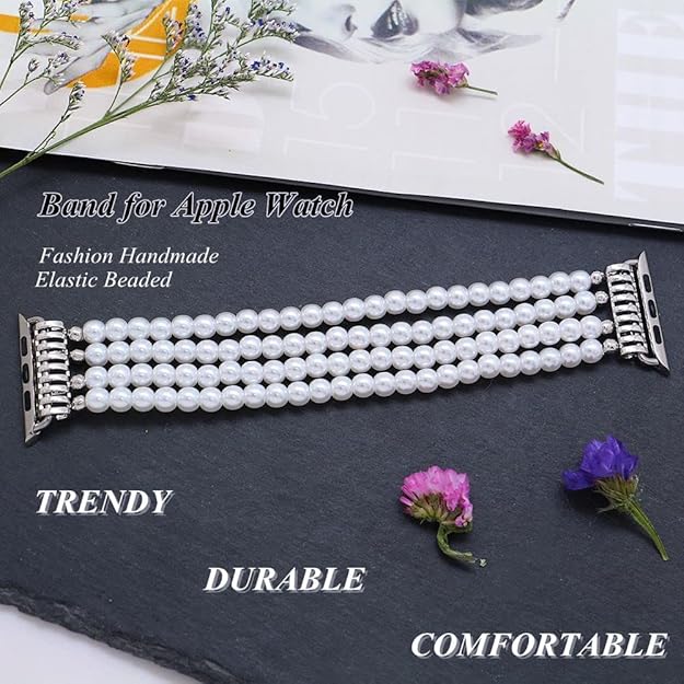 KAI Top Compatible for Apple Watch Band 38mm 40mm 41mm, Handmade Artificial Pearl Beaded Stretch Bracelet Watch Strap Band for Women Girls Compatible with iWatch Ultra SE Series 8 7 6 5 4 3 2 1