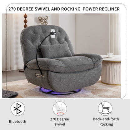 270 Degree Swivel Power Recliner with Voice Control, Bluetooth Music Player,USB Ports, Atmosphere Lamp, Hidden Arm Storage and Mobile Phone Holder for Living Room, Bedroom, Apartment, Grey