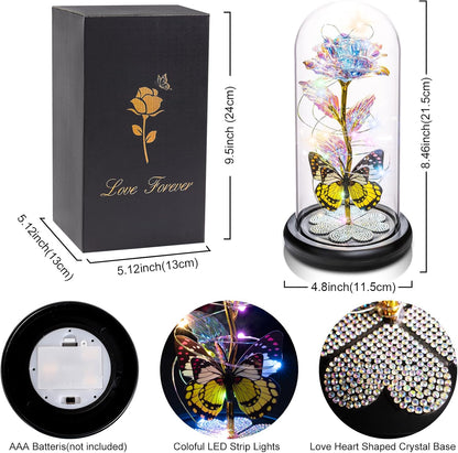 Valentines Day Gifts for Her, Galaxy Glass Rose Forever Eternal Crystal Flower Light Up Rose in Glass Dome with Butterfly Birthday Valentine Gifts for Women Daughter Mom Wife Girlfriend Colorful