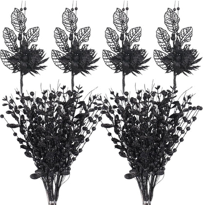 SY Super Bang 20 Pack Christmas Tree Decorations, Black Christmas Ornaments Artificial Glitter Berry Picks and Sprays Stems Branches Picks Twigs, for Xmas Tree Vase Filler Home Holiday Decor