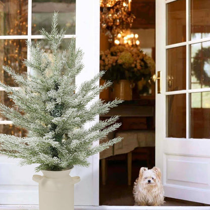 2ft Mini Christmas Tree with Pot, 24" Flocked Artificial Tabletop Christmas Trees for Kitchen Living Room Fireplace Window