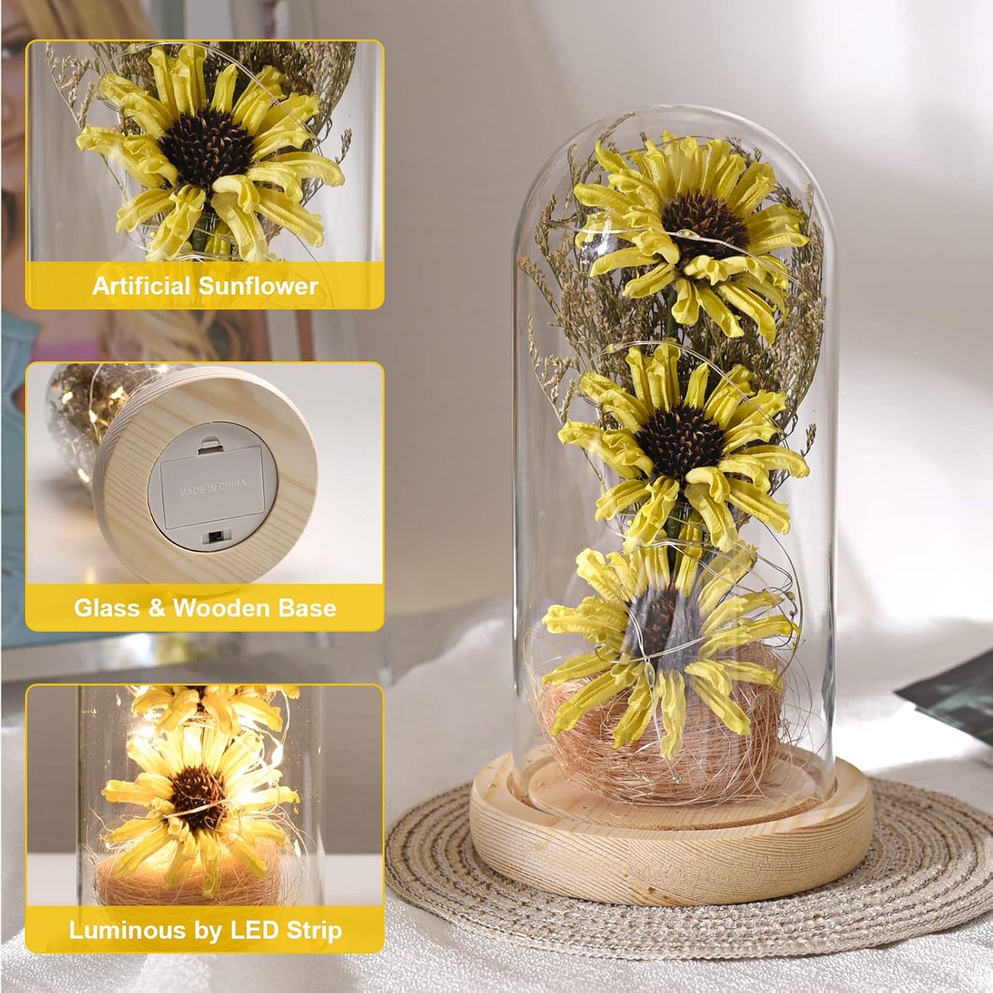 Sunflower Gifts for Women, Artificial Sunflowers in Glass Dome with LED Strip, 1PSC Sunflower Decor on Mother's Day, Valentine's Day, Christmas, Thanksgiving, Birthday (Yellow)