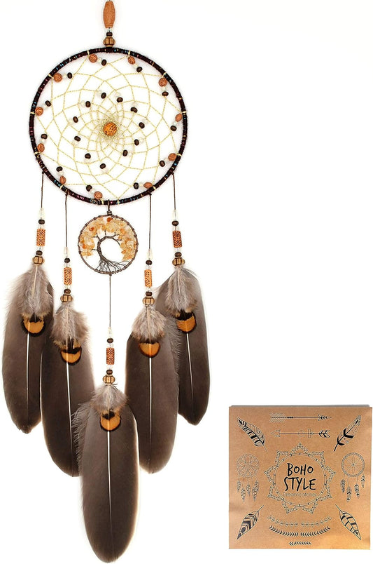 Urdeoms Brown Dream Catchers Tree of Life Boho Dreamcatcher for Bedroom Adult with Feathers and Citrine Crystal Wall Hanging Decor for Home Festival Blessing Gifts 18" Length (NO.11)