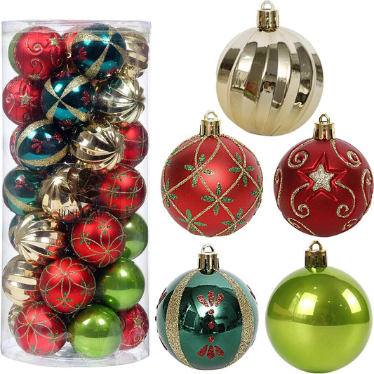 Christmas Tree Ornaments, 30ct Christmas Ball Decoration Set 2.36" Red Green and Gold Christmas Ball Shatterproof Hanging Tree Ornament Set