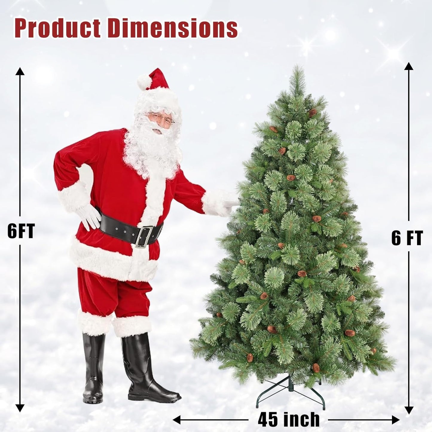 Kadunmina 6ft Artificial Christmas Tree Carolina Pine Tree, Unlit Hinged Premium Xmas Trees with 978 Branch Tips, Pine Cones, Foldable Metal Stand for Home, Office, Holiday Party Decoration