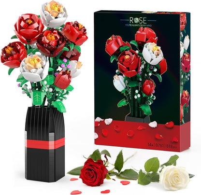 Rose Flowers Bouquet Building Set (818 PCS) - Mothers & Valentines Day, Birthdays, Gifts for Women, Her. Artificial Flowers with Vase Home Decor Roses Flower Toys Building Set for Kids, Adults