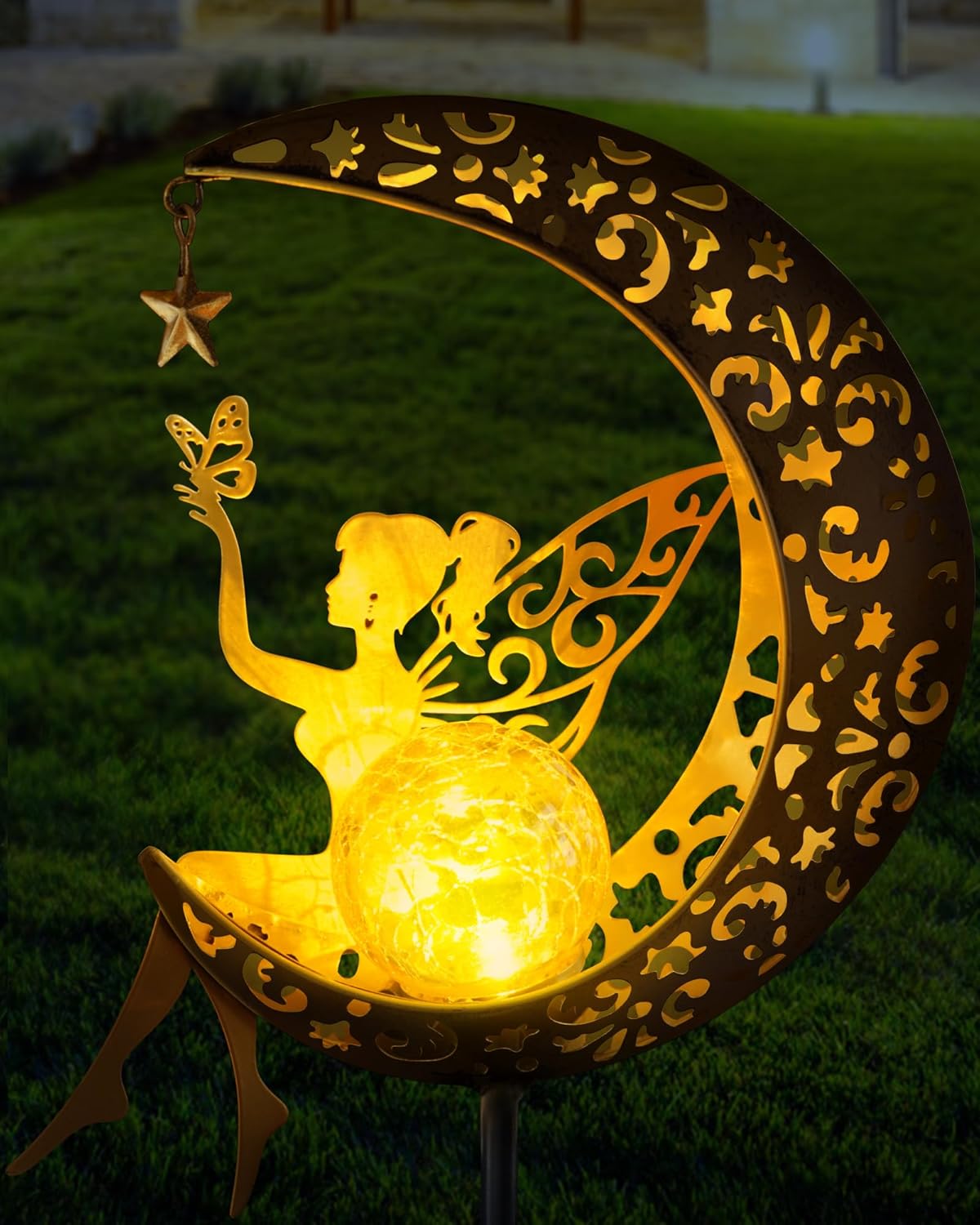 Solar Garden Statues Outdoor Decor, Fairy Moon Figurine Light Stake, Housewarming Ornament for Patio, Lawn, Yard, Pathway - Unique Gift Ideas for Gardening Mom Grandma