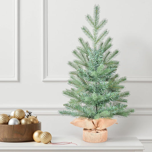 2.5 FT Artificial Mini Small Christmas Tree with 161 PE&PVC Mixed Branch Tips,Unlit Blue Spruce Pencil Small Xmas Tree with Burlap Base,30 inches Xmas Pine Tree for Table Desk Home Decor