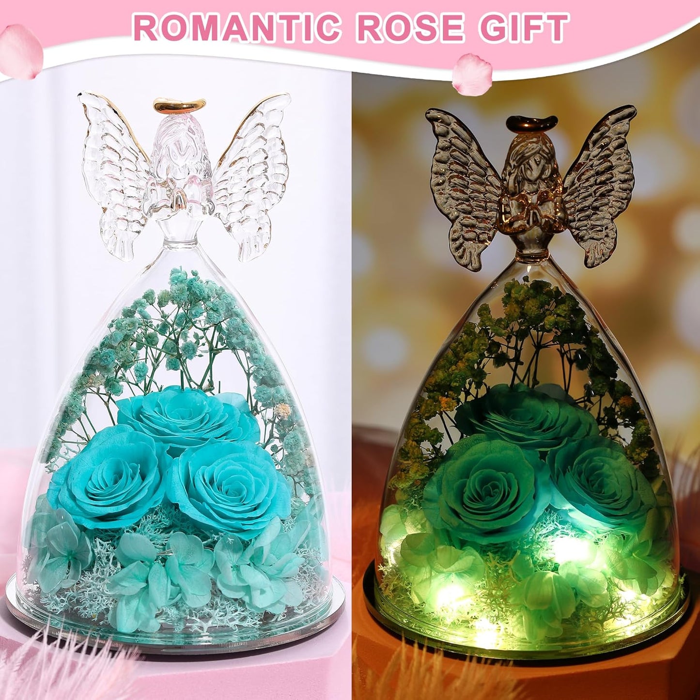 Mothers Day Rose Gifts for Her, Glass Angel Figurine with Three Roses Gifts, Preserved Forever Real Rose Gifts for Women, Angel Guardian with Rose for Valentine Day Mothers Day - Tifny Blue