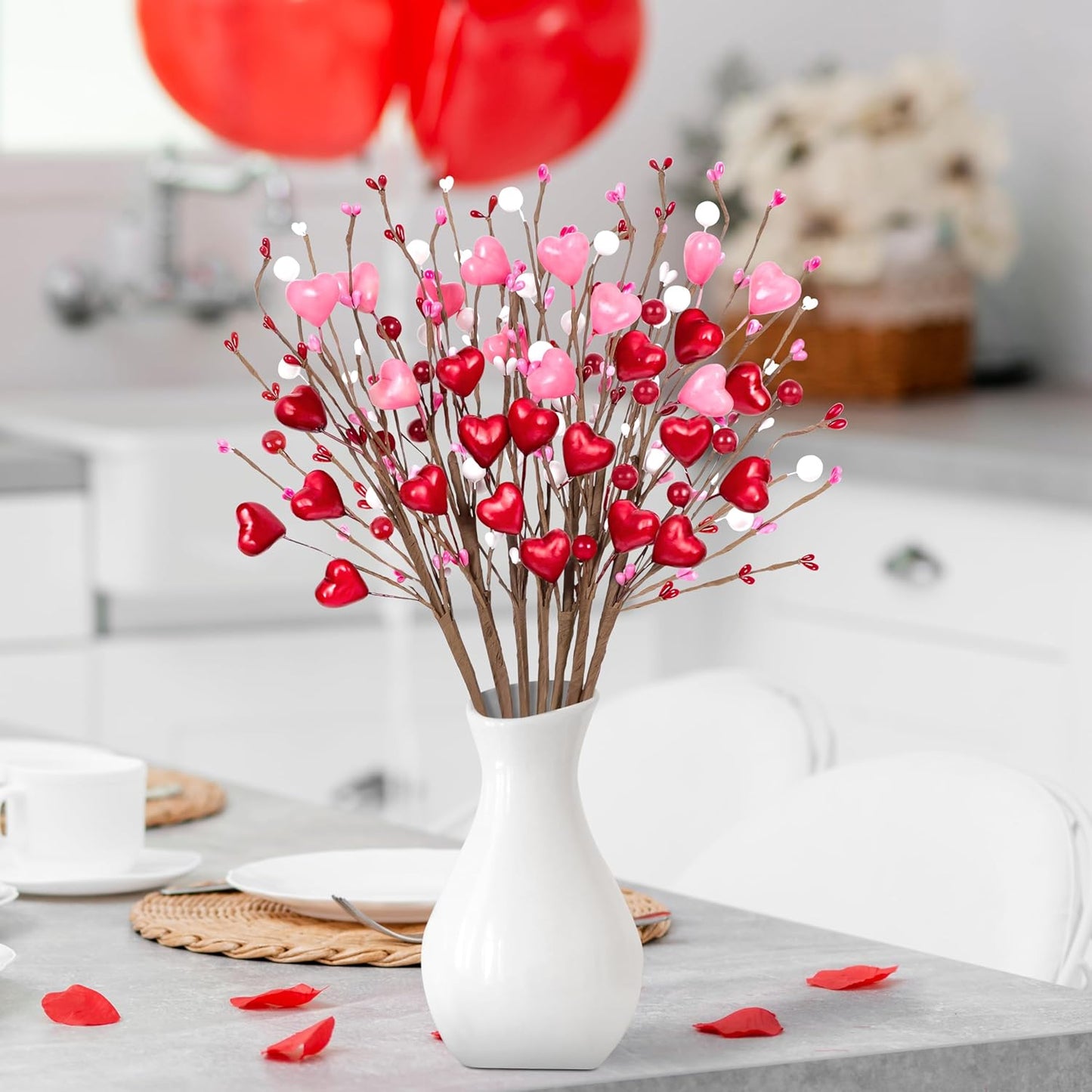 12PCS Valentines Day Decorations Artificial Flowers Picks Decor - Berry Stems with Red Pink Heart White Gifts for The Home Table Centerpieces(Style 3)