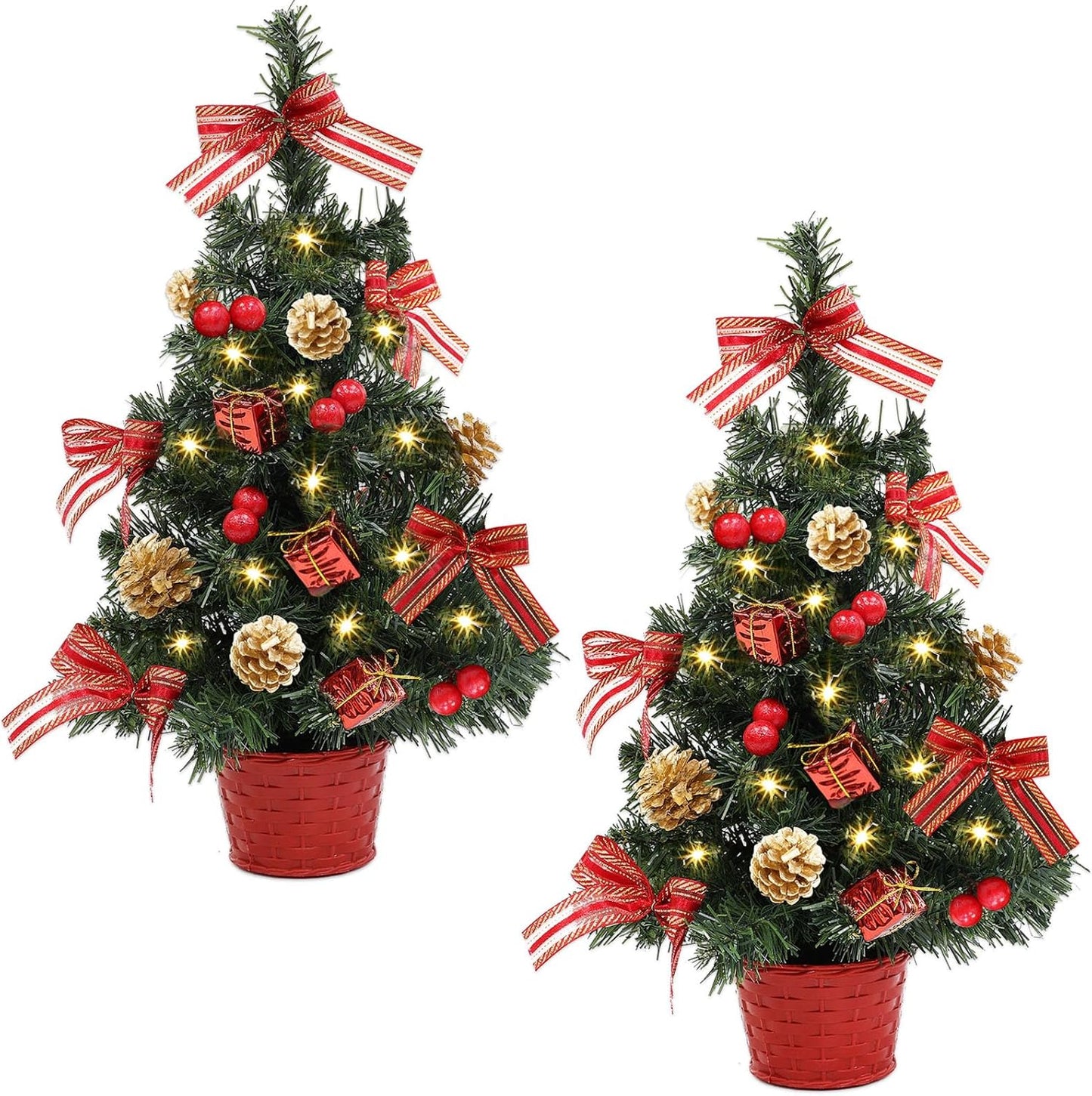 2 Pack Mini Christmas Tree with Lights Timer Table Top Small Christmas Tree Tabletop Xmas Trees Decorated Bows Gold Pinecones Basket Base Lighted Christmas Decorations Desk Room Office Home Decor 20"