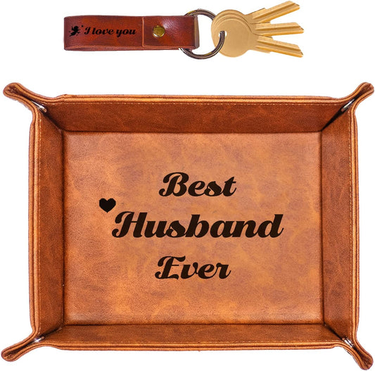 Best Husband Ever Gifts for Husband from Wife PU Leather Valet Tray & Keychain, Unique Gifts for Him Husband Who Has Everything at Birthday Valentines Day Christmas Anniversary