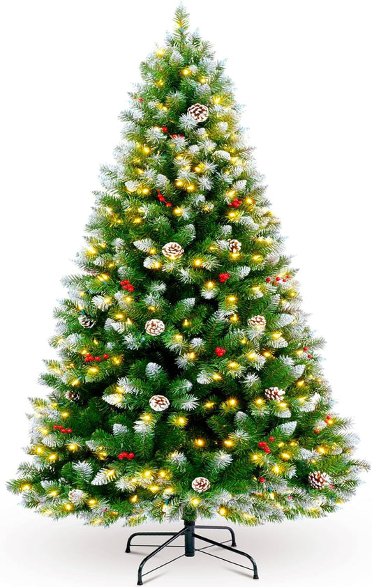 YULETIME 6.5ft Pre-Lit Christmas Tree, Snowy Artificial Holiday Decorative Tree with UL Listed 300 Warm White LED Christmas Lights, Pinecones, Red Berries (6.5' Snowy Warm White)