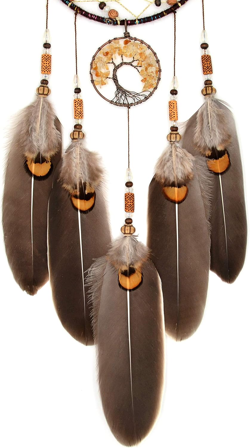 Urdeoms Brown Dream Catchers Tree of Life Boho Dreamcatcher for Bedroom Adult with Feathers and Citrine Crystal Wall Hanging Decor for Home Festival Blessing Gifts 18" Length (NO.11)