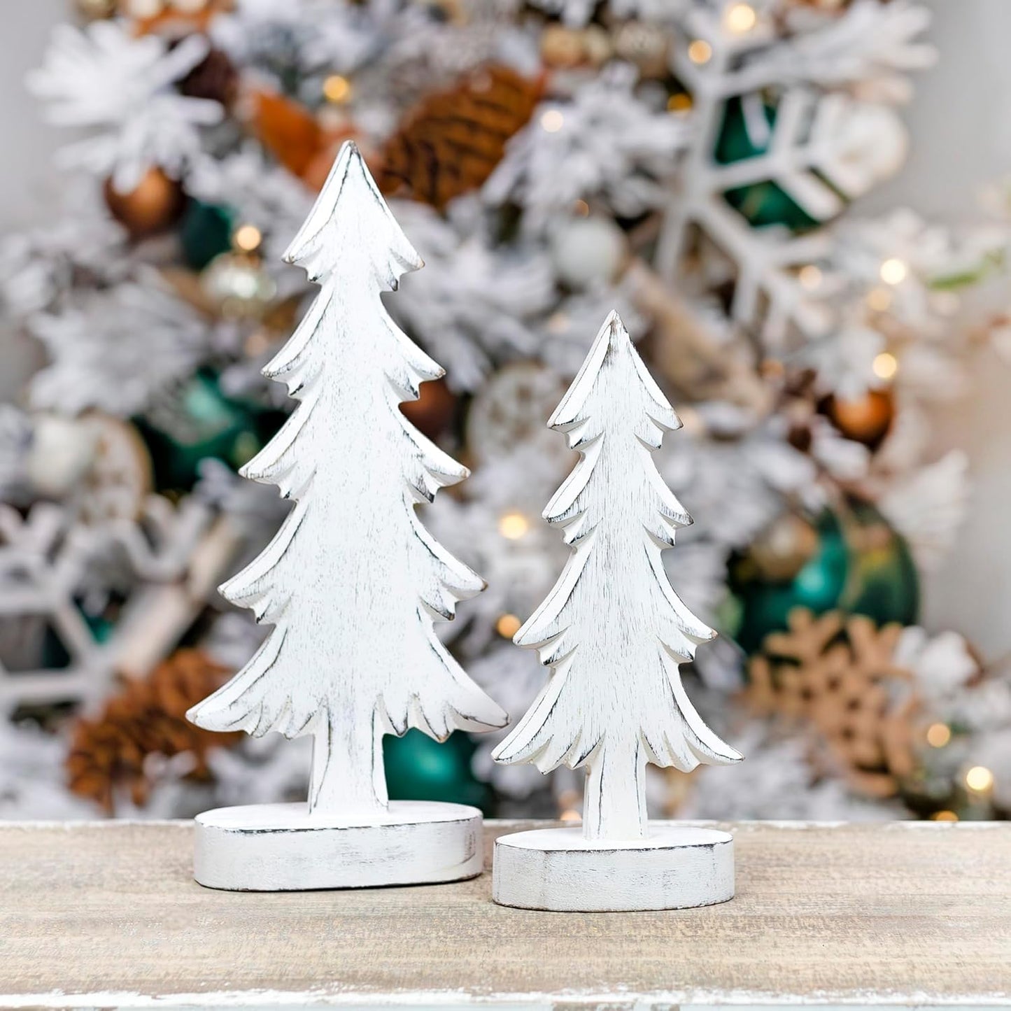 AuldHome Design Wooden Christmas Trees (Set of 2, Distressed White); Tabletop Handmade Mango Wood Trees w/Rectangular Base for Holiday Home Decor