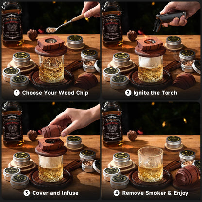 Whiskey Smoker Kit with Torch - 6 Flavors Wood Chips, 2 Glasses, 2 Ice Ball Molds - Cocktail Smoker Infuser Kit, Old Fashioned Drink Smoker Kit, Birthday Bourbon Whiskey Gifts for Men,Dad(NO Butane)