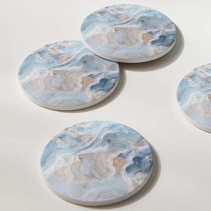 Set of 6 Abstract Blue Marble Coasters with Holder, Absorbent Ceramic Coasters for Drinks, Coasters with Cork Backing for Table Protection, Housewarming Gifts for New Home