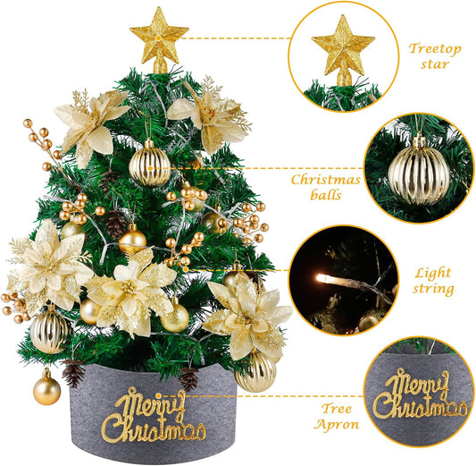 Mini Christmas Tree with Lights: 2ft Tabletop Christmas Tree, Small Artificial Xmas Tree with Star Treetopper, LED String Light & Hanging Ornaments, for Desk Christmas Decors Home Office Party