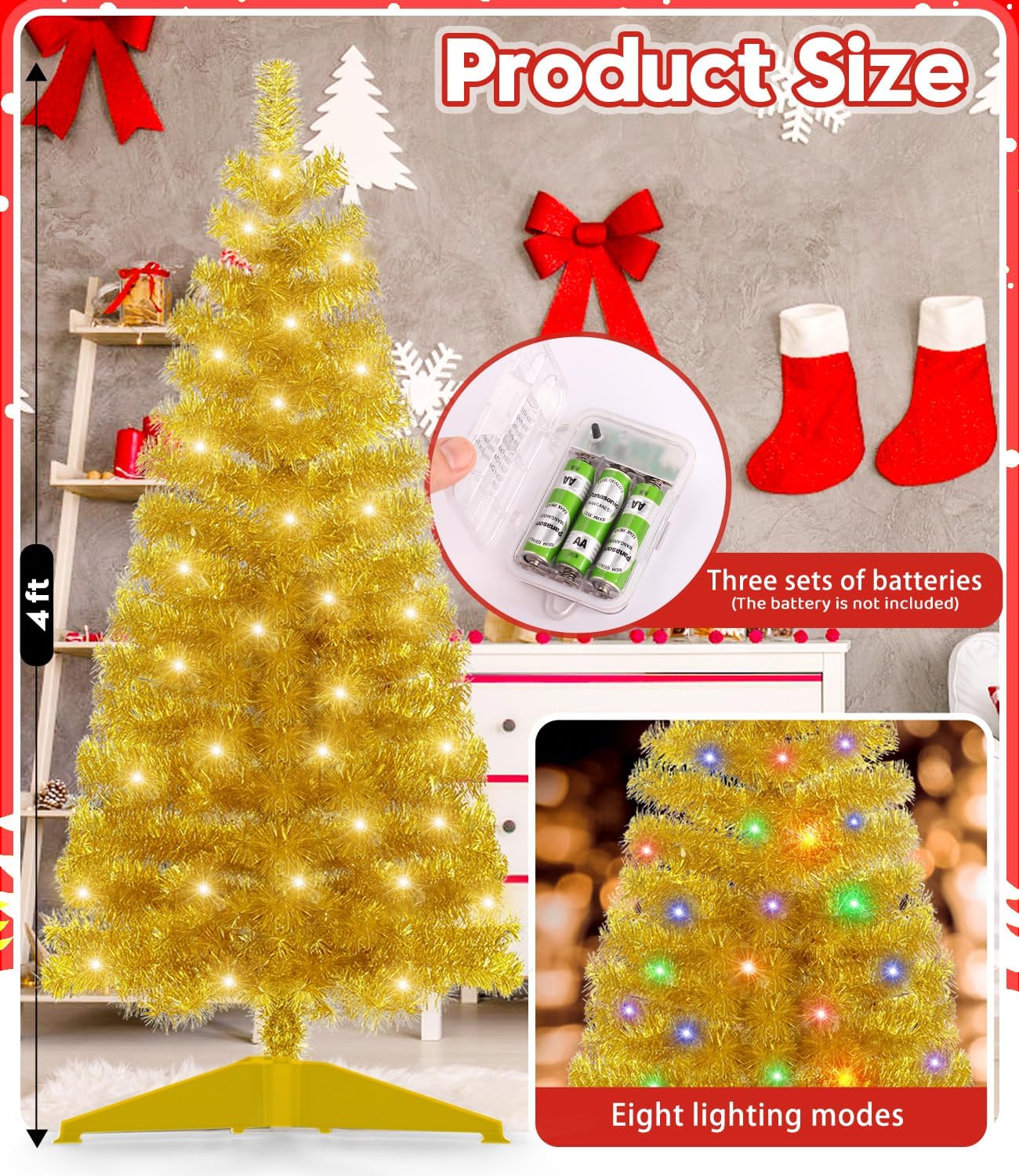 Pre-Lit Artificial Christmas Tree, Warm White Lights, Colorful Lights, Includes Stand, 4 feet (Gold)