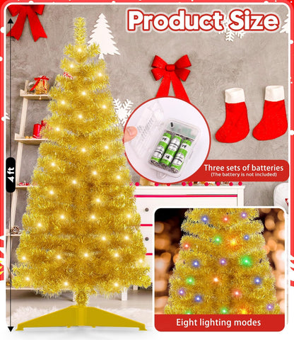 Pre-Lit Artificial Christmas Tree, Warm White Lights, Colorful Lights, Includes Stand, 4 feet (Gold)