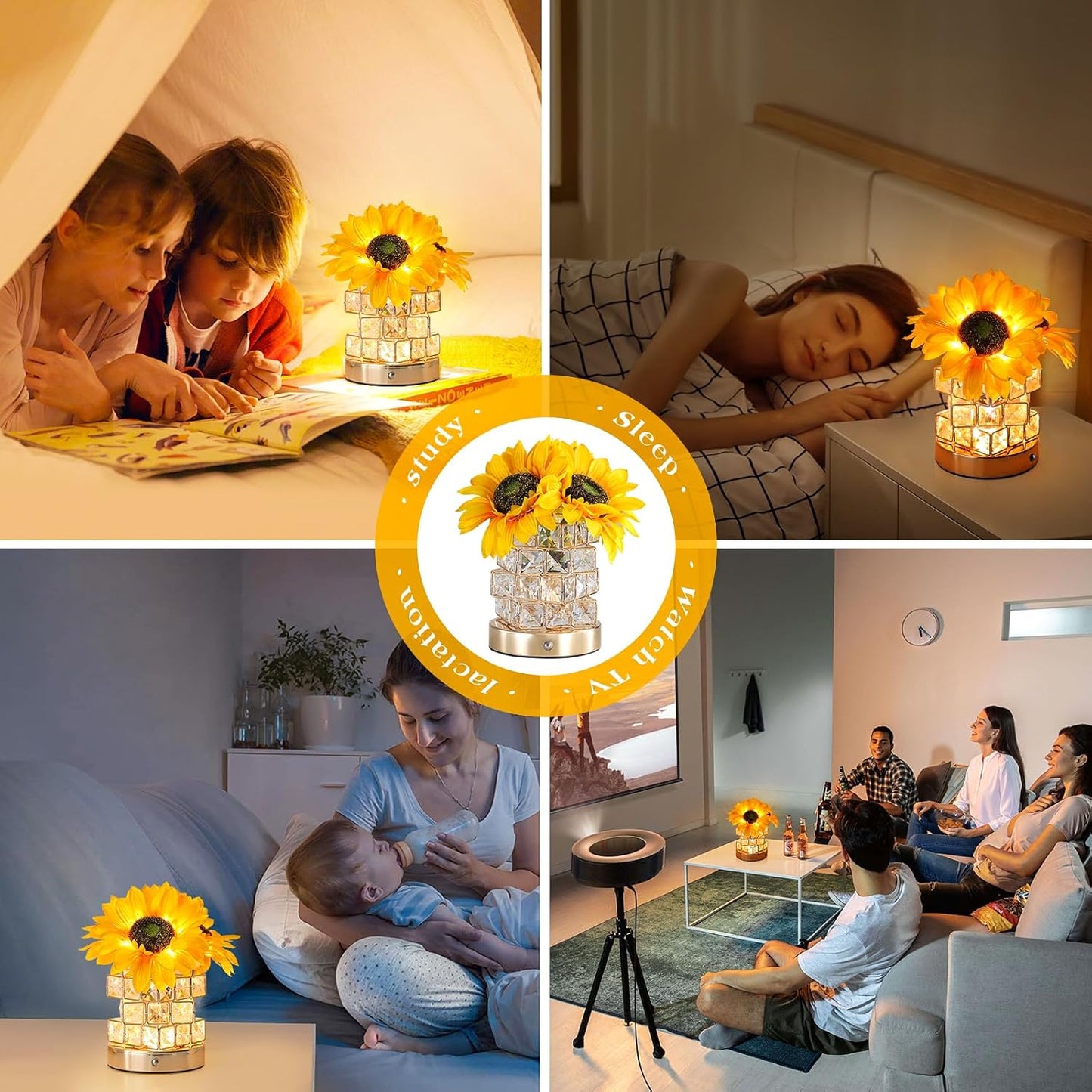 Sunflowers Flower Lamp Touch Lamp,Rechargeable Cordless Table Lamp, 3-Colour Infinitely Dimming Battery Powered Small Night Light,Gift for Mom for Valentine Day,Mothers Day,Xmas,Birthday