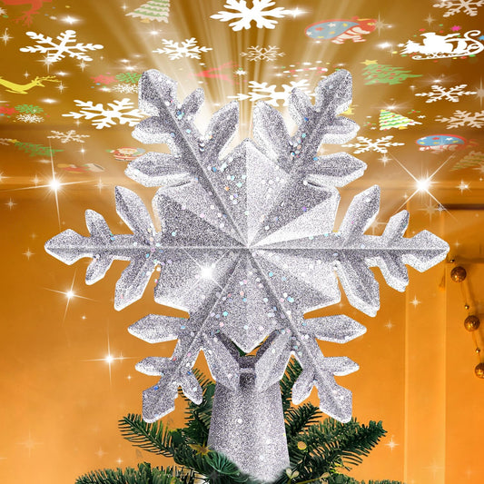 Mrrihand Christmas Tree Topper Lighted with 6 Projection Modes, Built-in 360° LED Rotating Projector Christmas Tree Star, 3D Snowflake Design for Xmas Holiday Christmas Tree Decoration-Silver