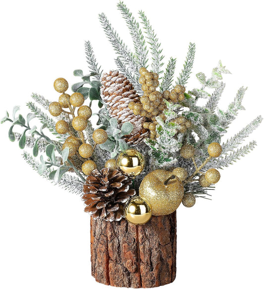 Hatisan Small Tabletop Christmas Tree with Ornaments, Pine Cones, Berries - Gold Round