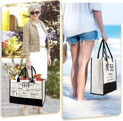 55th Birthday Gifts for Women Canvas Tote Bag Travel Gear,Unique 55 Years Old Gifts for Wife/Mom/Sister/Aunt/Friends/Her, Vintage N°55 Beach Bag & Cosmetic Bag & Back in 1970 Poster