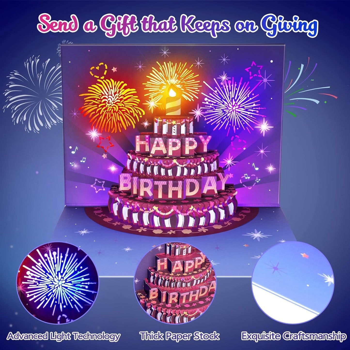 INPHER Birthday Cards Fireworks Pop Up Cake Light and Music Happy Birthday Gifts for Women, Men, Mom, Grandma