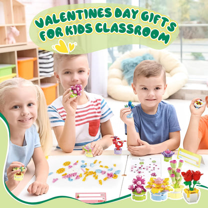 Valentines Day Gifts for Kids Classroom School, Valentines Day Building Blocks, Succulents Building Blocks with Valentines Day Cards for Valentine Party Favor,Toys for 3 Years Old Girls Boys, 24 Pcs