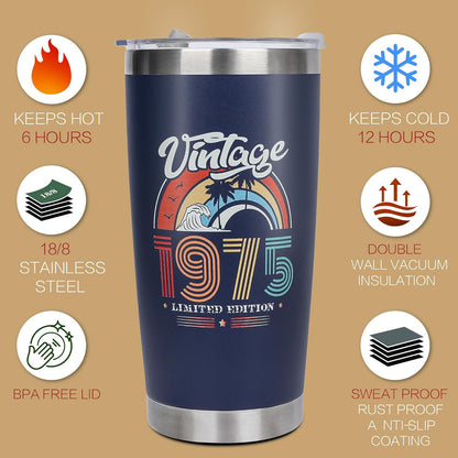 50th Birthday Gifts for Men Women - 1975 50th Birthday Decorations Gift Ideas for Men Women, 50 Year Old Gifts for Brother, Mom, Wife, Husband, Dad, 20 Oz Stainless Steel Tumbler ﻿