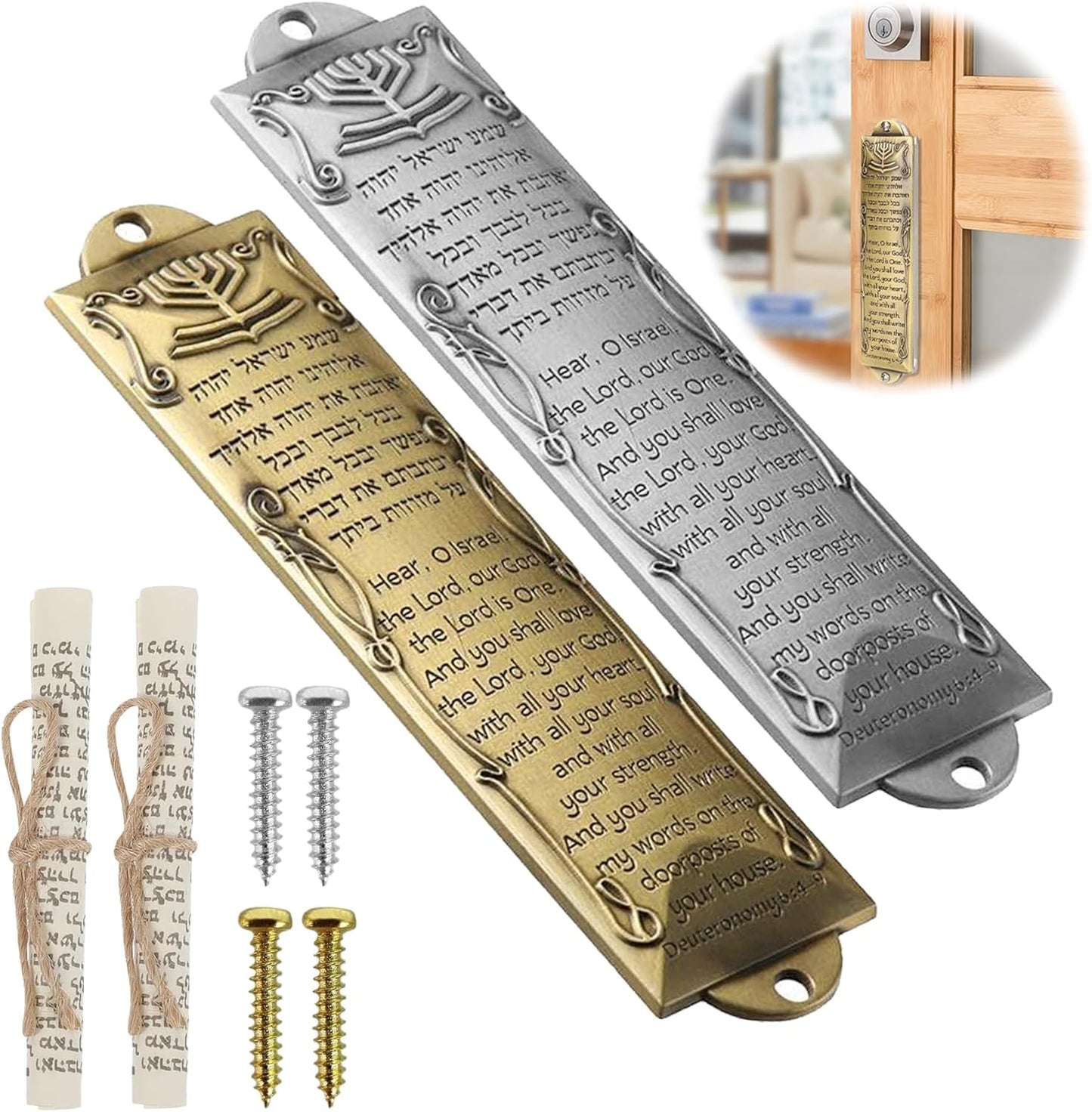 Set of 2 Mezuzahs - Metal Mezuzahs with Scrolls for Indoor Outdoor - Jewish Mitzvah Door Mezuzah Case - Eternal Love Mezuzah Set -Elegant Mezuza Plaque - Ideal Gifts - 5.1x1.2 inch