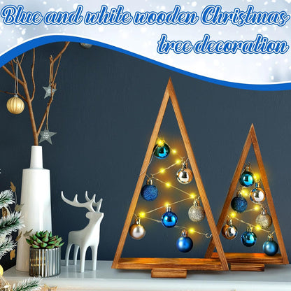 Hungdao 2 Pack Christmas Ball Trees Centerpiece Wooden Xmas Tree Tabletop with Lights Modern Christmas Tree Decorations with Ball Ornaments for Fireplace Mantle Shelf Holiday Decor(Blue, Silver)