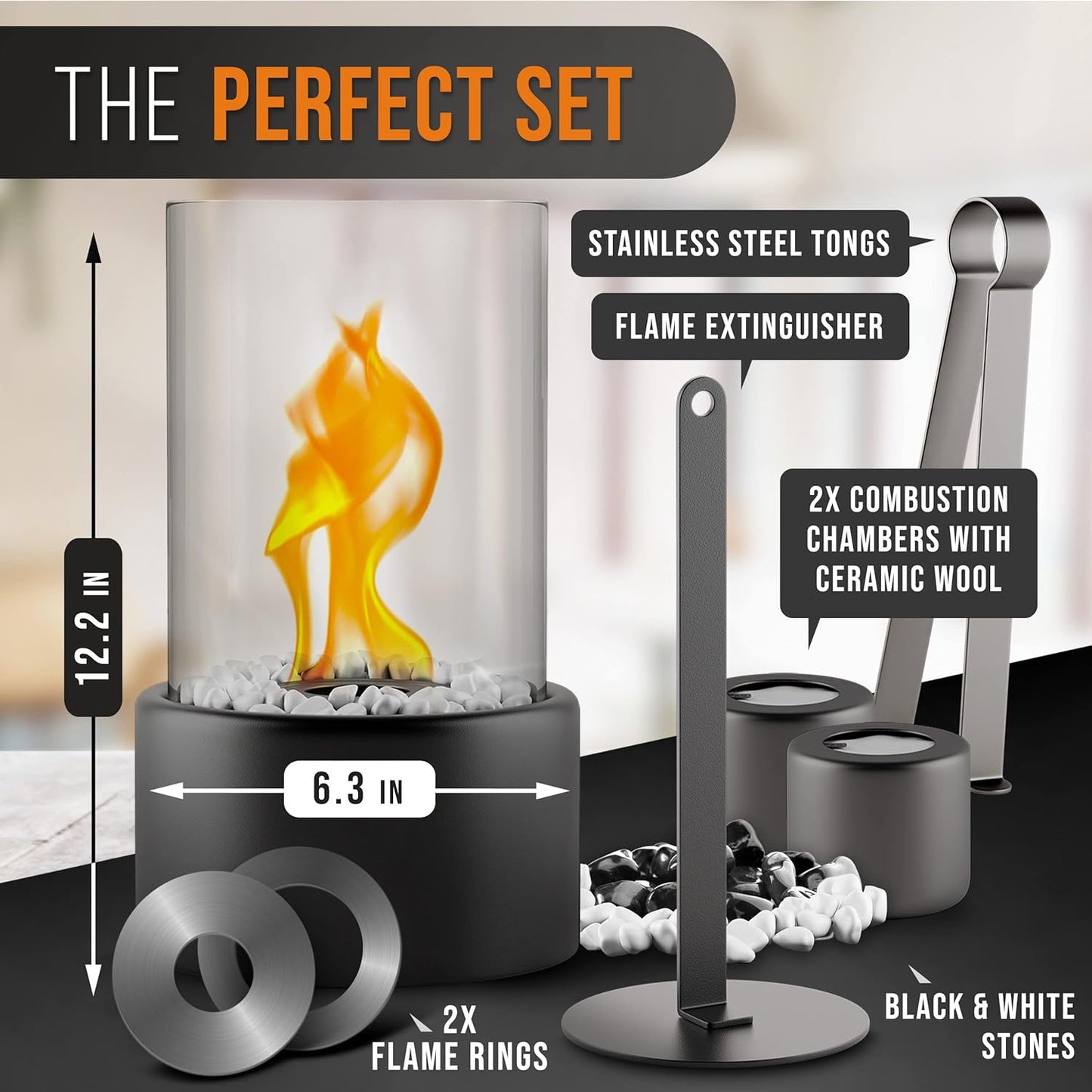 Tabletop Fire Pit [4h Burning Time] - Indoor & Outdoor - Ethanol Table Top Fire Bowl with Black & White Stones - Portable Fire Pit with 2 Combustion Chambers