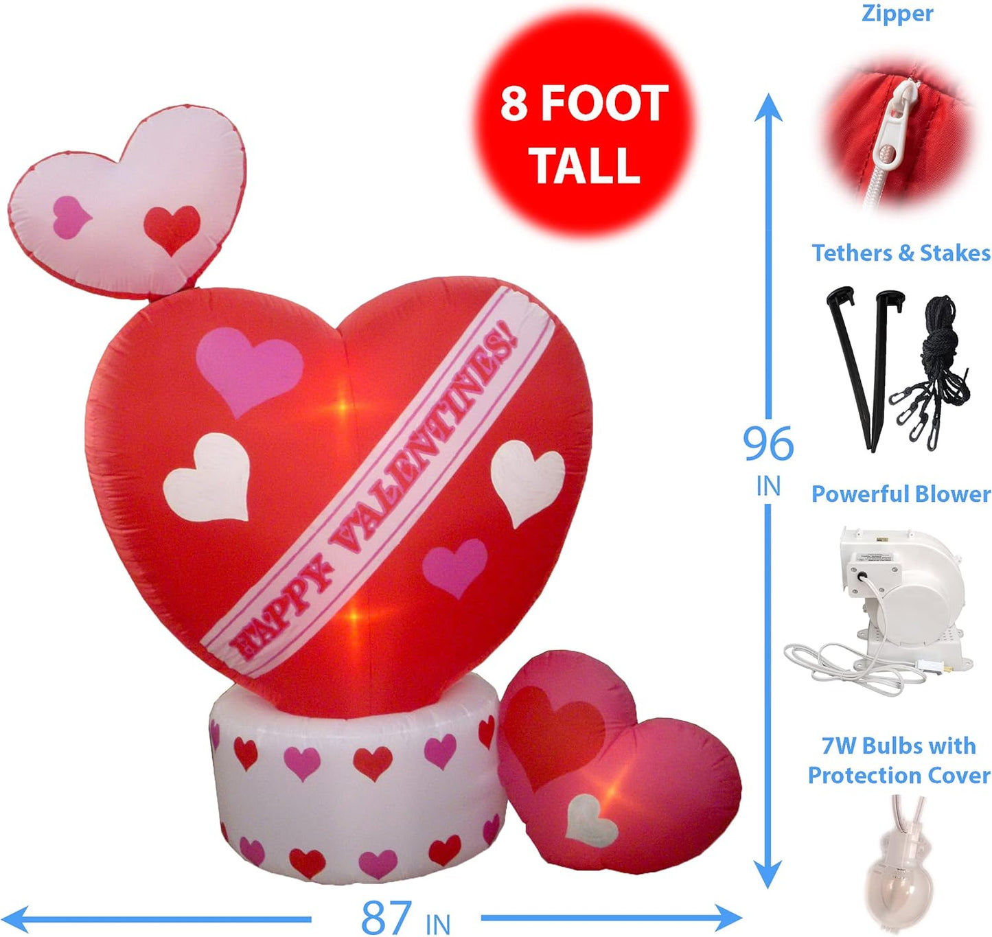 8 Foot Tall Animated Inflatable Valentine's Hearts with Top Heart Rotating - Romantic Valentines Gift for Couples, Idea, Blow Up Lighted Decor Indoor Outdoor Holiday Art Decor Decorations