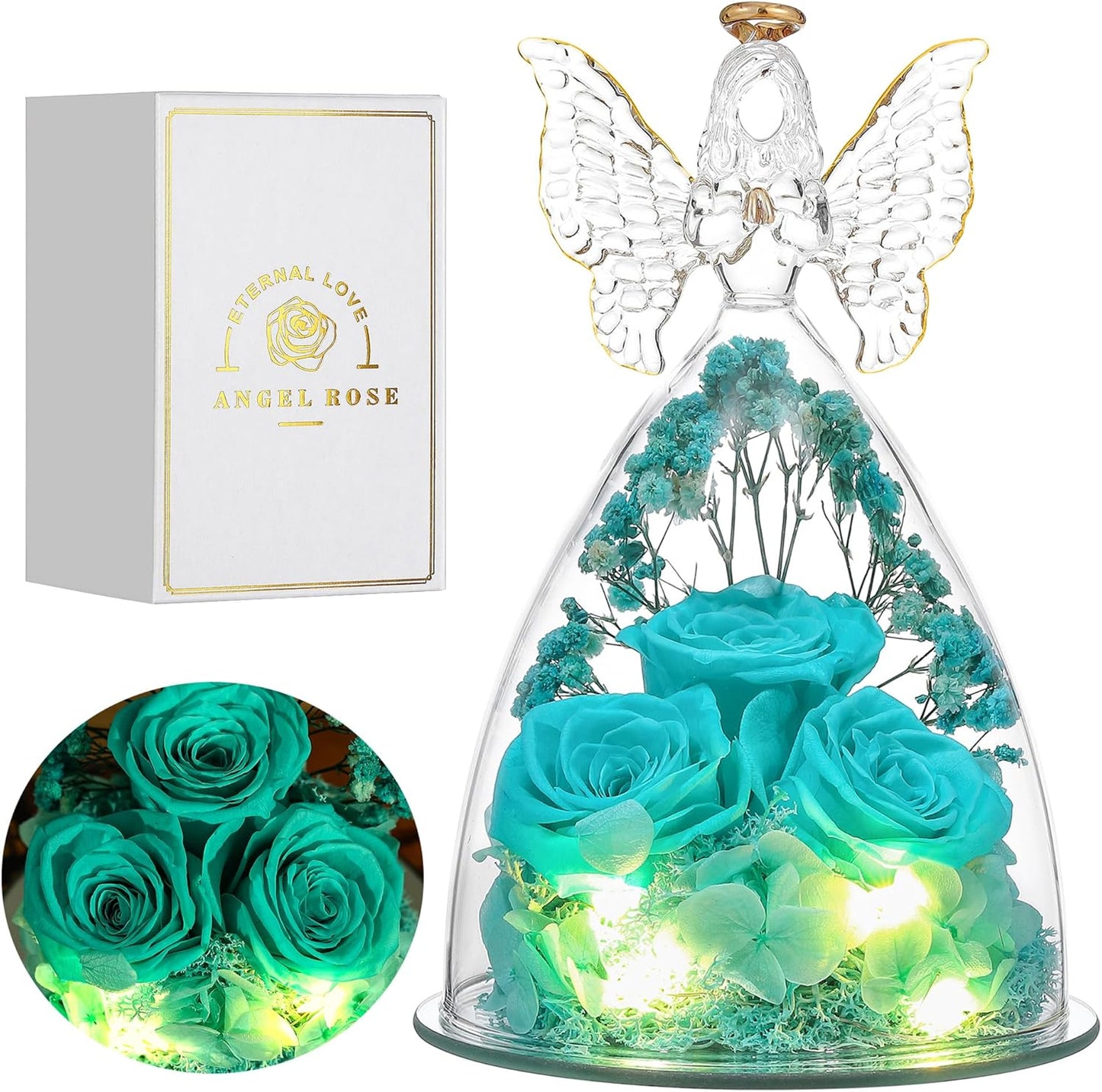 Mothers Day Rose Gifts for Her, Glass Angel Figurine with Three Roses Gifts, Preserved Forever Real Rose Gifts for Women, Angel Guardian with Rose for Valentine Day Mothers Day - Tifny Blue