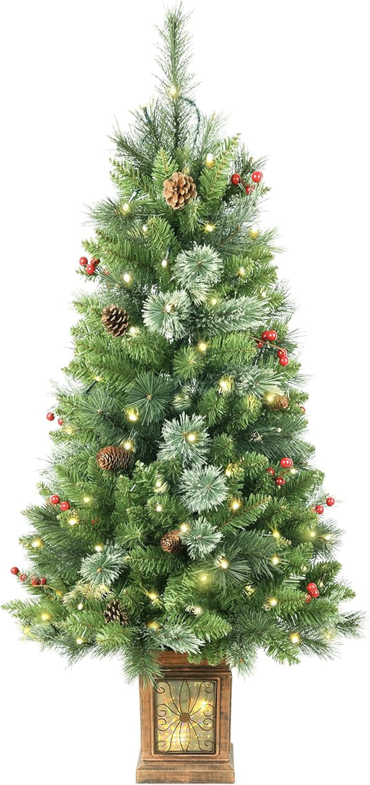 4ft Pre-lit Christmas Tree,Artificial Pine Potted Xmas Tree 256 Branches Tips,Decoration with 100 LED Lights & 12 Red Berries & 12 Pinecone for Home or Office