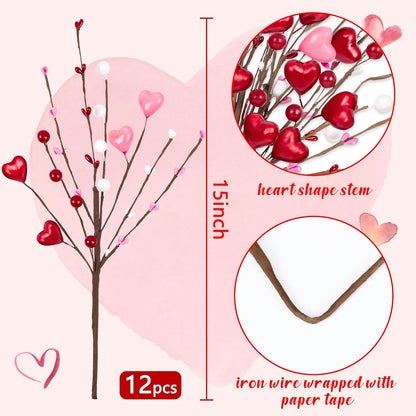 12PCS Valentines Day Decorations Artificial Flowers Picks Decor - Berry Stems with Red Pink Heart White Gifts for The Home Table Centerpieces(Style 3)