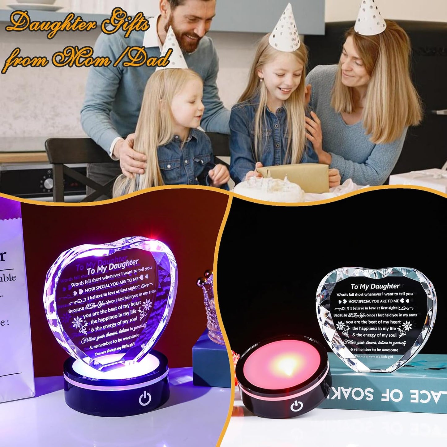 YWHL Daughter Gifts from Mom Dad Best Birthday Graduation Gifts Ideas For Adult Daughter To My Daughter Crystal Keepsake Present with Light Base Gifts for Daughter on Christmas Valentines Mothers Day