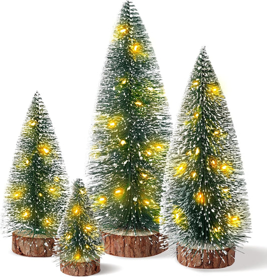 4PCS Mini Christmas Tree with Lights, Bottle Brush Trees, Christmas Table Decorations, Small Christmas Village Trees for Xmas Holiday Party Home Craft (Lighted)