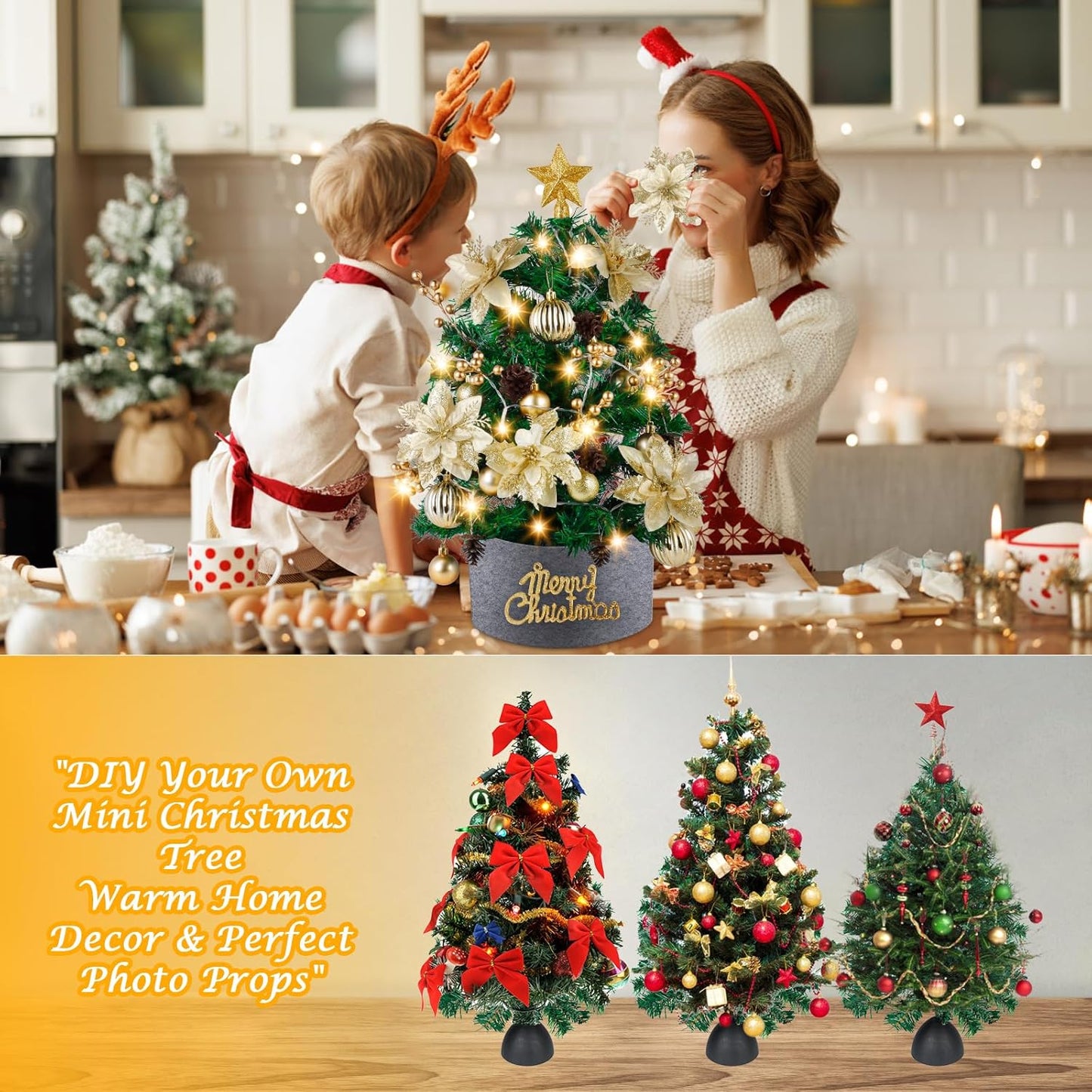 Mini Christmas Tree with Lights: 2ft Tabletop Christmas Tree, Small Artificial Xmas Tree with Star Treetopper, LED String Light & Hanging Ornaments, for Desk Christmas Decors Home Office Party