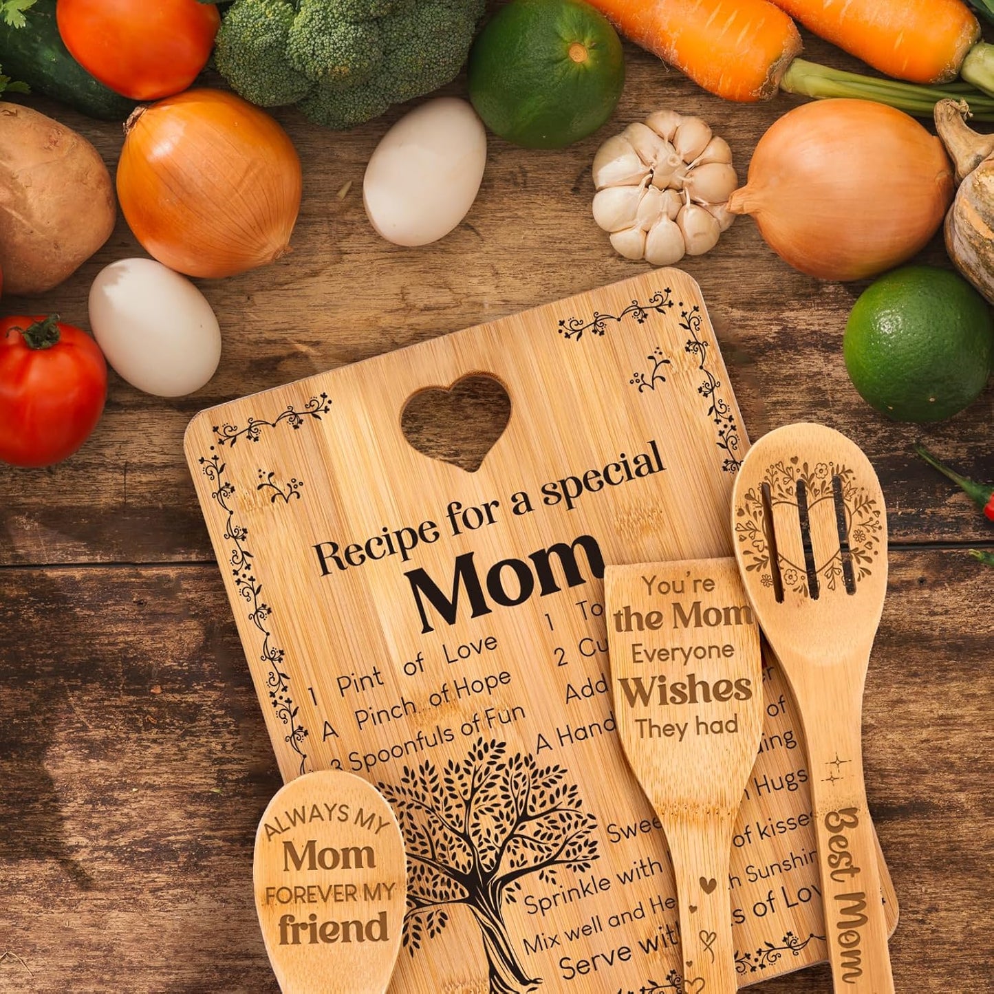 Gifts for Mom - "Recipe for a Special Mom" Mom Christmas Gifts Cutting Board Set, Bamboo-Made Engraved Utensil Set Christmas Gifts for Mom, Mom Birthday Gifts