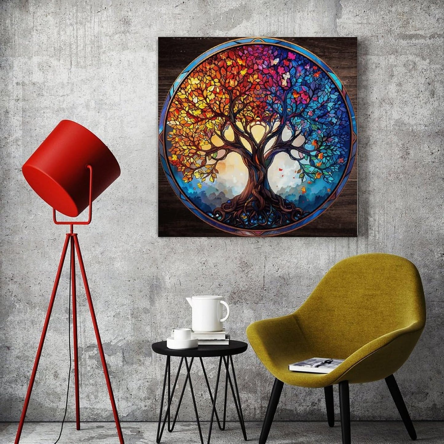 Tree of Life Stained Glass Canvas Posters Wall Art Big Tree Suncatcher Country Framed Canvas Pictures Print Room Decorations Art Work Housewarming Gift for Restaurant Spa Dorm Room 12x12in