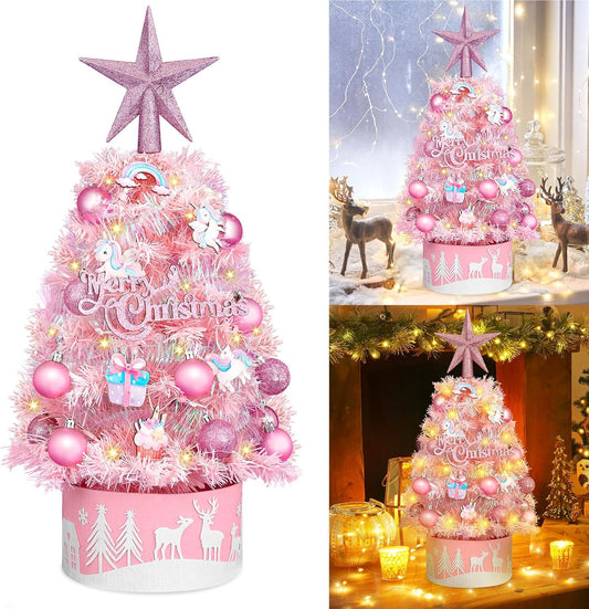 24 Inch Artificial Tabletop Mini Christmas Tree Pink, Small Xmas Tree with String Lights and Ornaments for Home Desk Holiday DIY Christmas Decoration