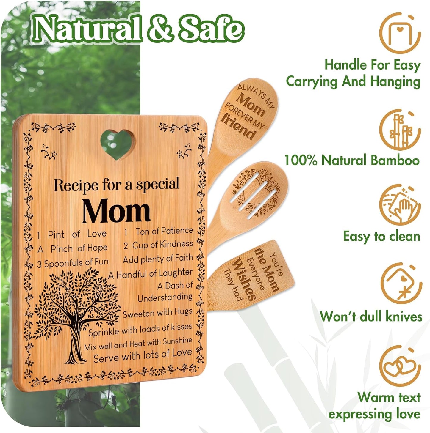 Gifts for Mom - "Recipe for a Special Mom" Mom Christmas Gifts Cutting Board Set, Bamboo-Made Engraved Utensil Set Christmas Gifts for Mom, Mom Birthday Gifts