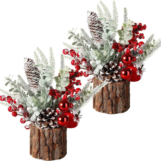 Hatisan Small Christmas Tree with Christmas Ornaments Pine Cone Berry, Tabletop Artificial Christmas Tree for Christmas Decorations Home Room Party Winter Indoor Outdoor(2 Pack Red-Round)