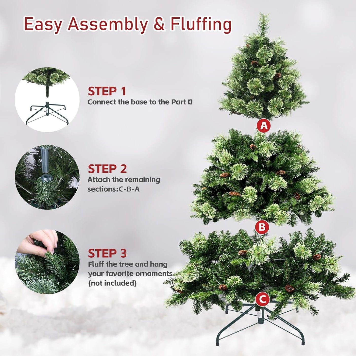 Kadunmina 6ft Artificial Christmas Tree Carolina Pine Tree, Unlit Hinged Premium Xmas Trees with 978 Branch Tips, Pine Cones, Foldable Metal Stand for Home, Office, Holiday Party Decoration