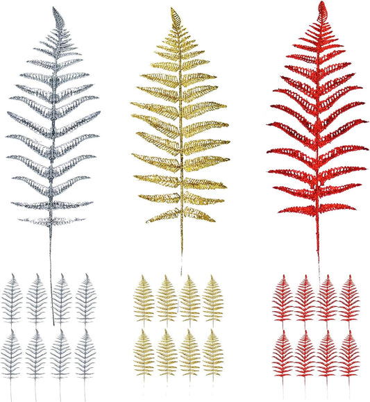 ZMZQ&flw 24pcs Christmas Glitter Leaves for Xmas Tree Decorations, Artificial Boston Fern Bush Tropical Flashing Leaves DIY Christmas Wreath Gifts Crafts, Mix Colors